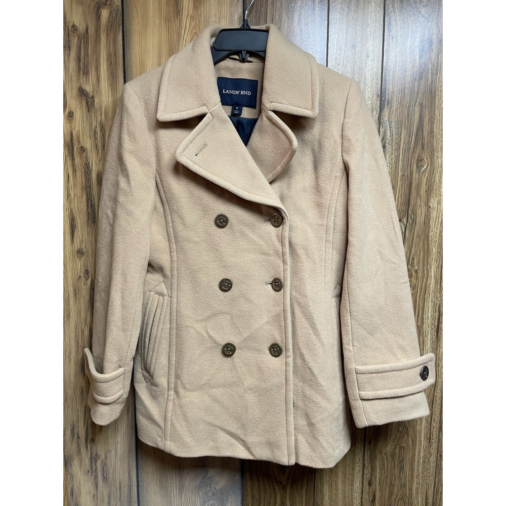 Lands End Pea Coat Womens 8 Beige Wool Notch Lapel Double Breasted Designer